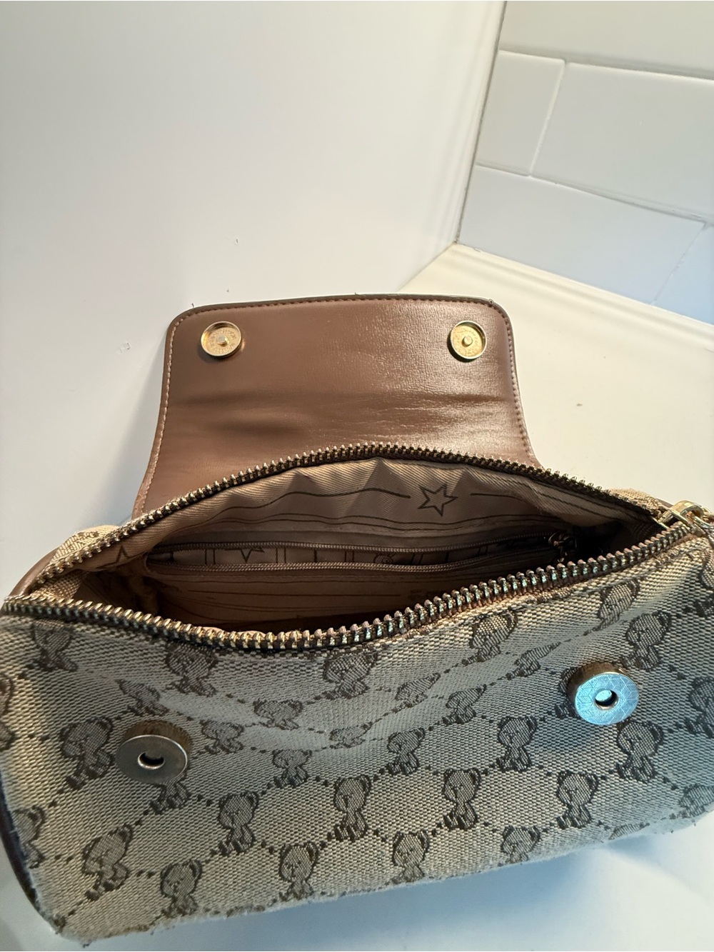 Neutral Patterned Women's Crossbody Bag with Brown Trim